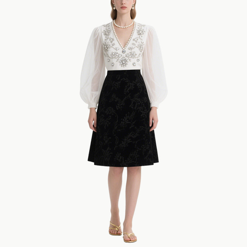 Elegant V-Neck Lantern Sleeve Top & Midi Skirt Set