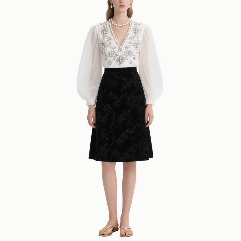 Elegant V-Neck Lantern Sleeve Top & Midi Skirt Set