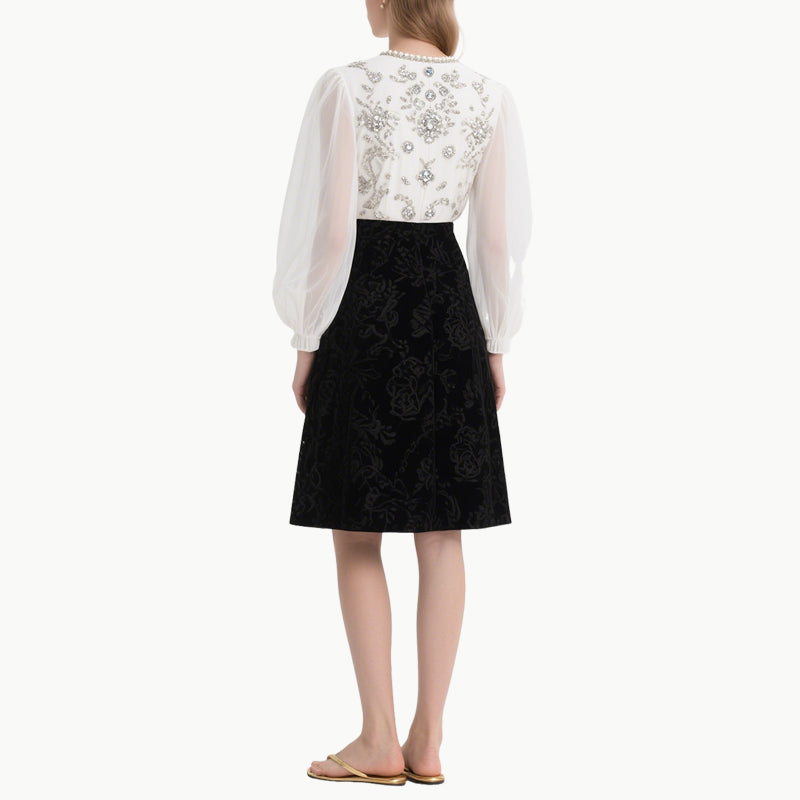 Elegant V-Neck Lantern Sleeve Top & Midi Skirt Set