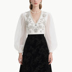 Elegant V-Neck Lantern Sleeve Top & Midi Skirt Set