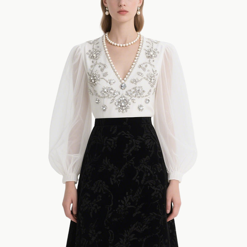 Elegant V-Neck Lantern Sleeve Top & Midi Skirt Set
