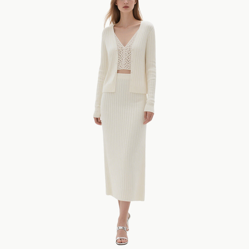 Elegant Striped Knit Cardigan and Midi Skirt Set