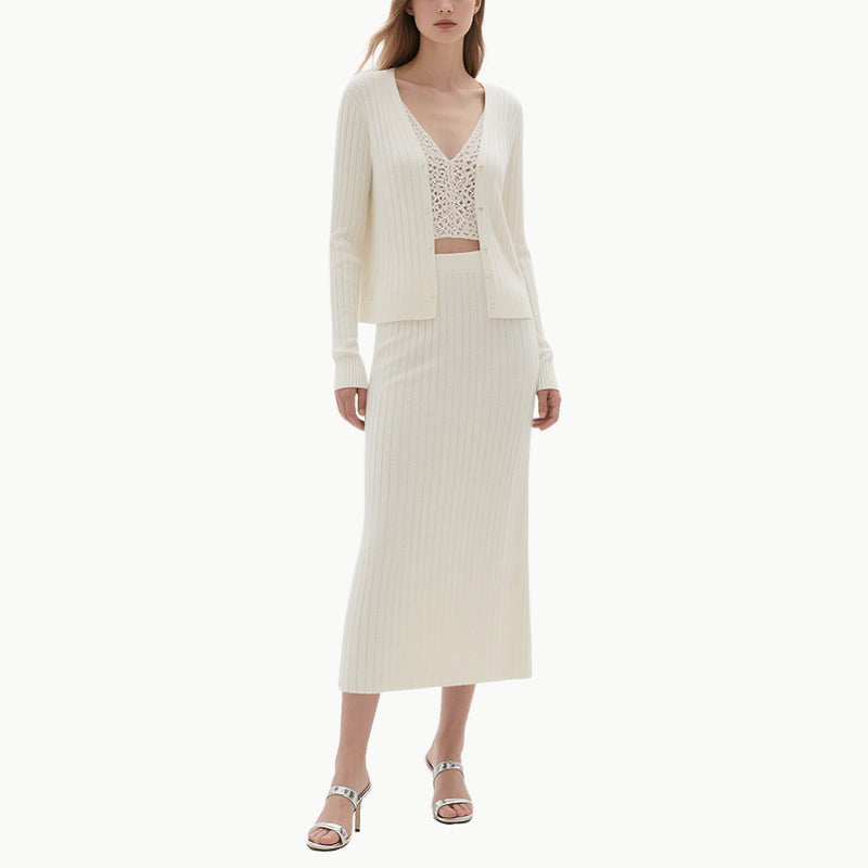 Elegant Striped Knit Cardigan and Midi Skirt Set