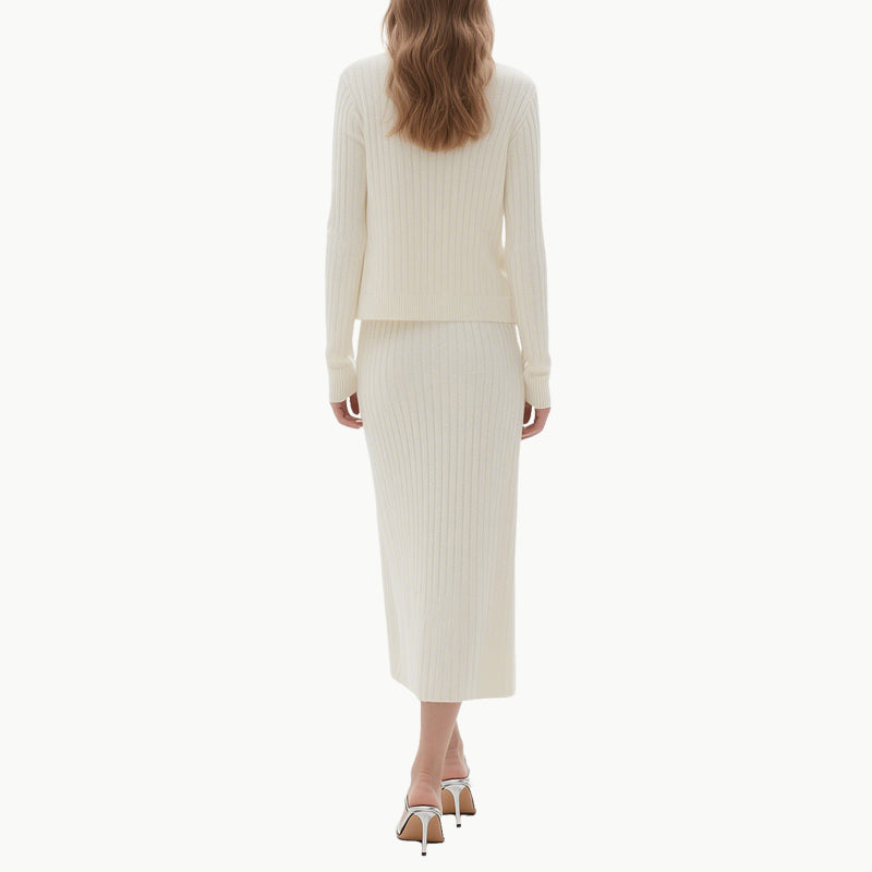 Elegant Striped Knit Cardigan and Midi Skirt Set