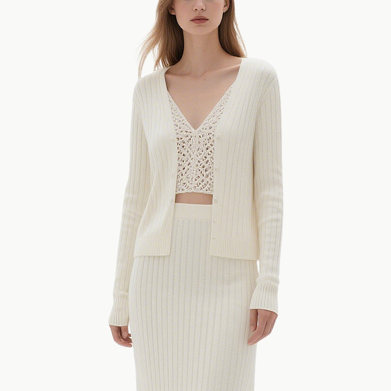 Elegant Striped Knit Cardigan and Midi Skirt Set