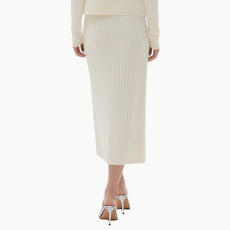 Elegant Striped Knit Cardigan and Midi Skirt Set