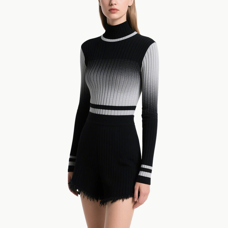 Women's Knit Gradient High-Neck Top & Raw Hem Shorts Set