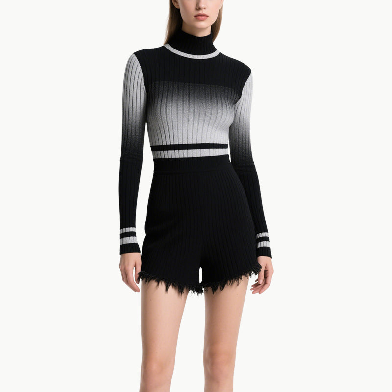 Women's Knit Gradient High-Neck Top & Raw Hem Shorts Set
