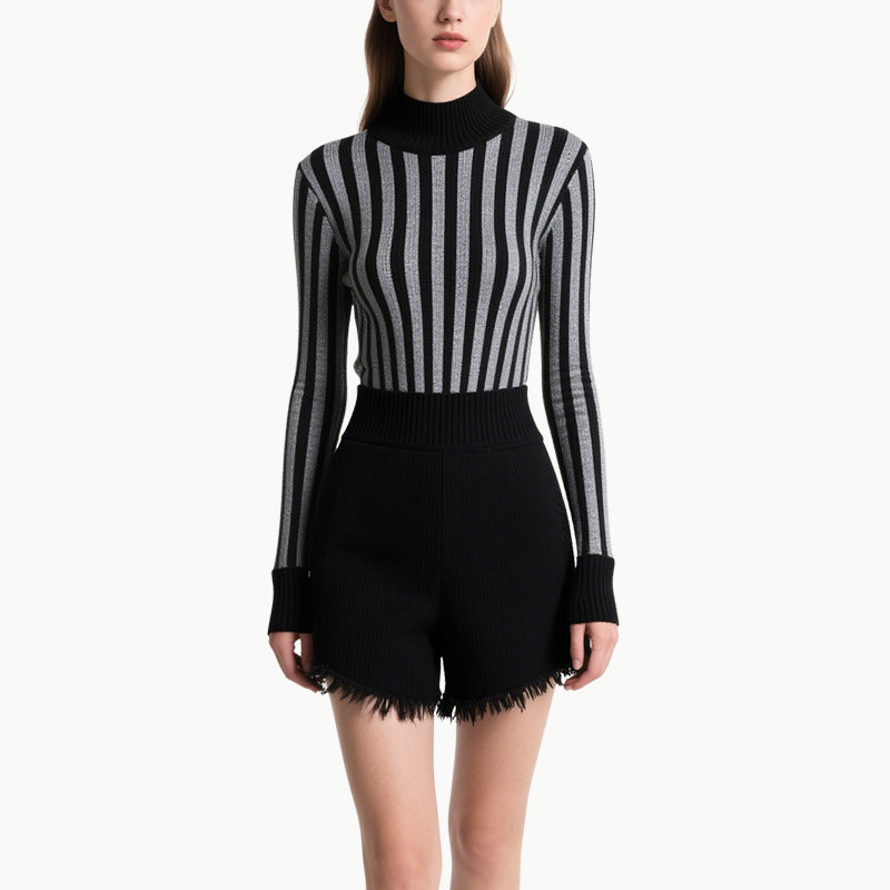 Women's Knit Striped High-Neck Top & Shorts Set Slim Two Piece Outfit