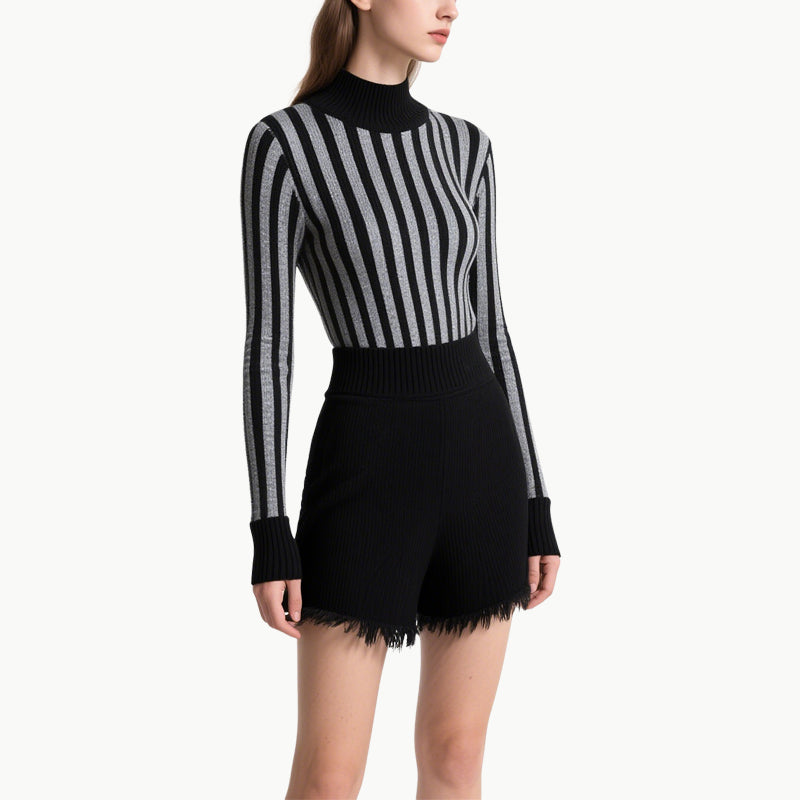 Women's Knit Striped High-Neck Top & Shorts Set Slim Two Piece Outfit