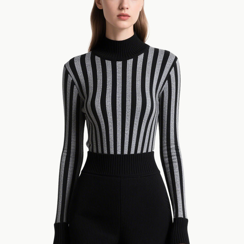 Women's Knit Striped High-Neck Top & Shorts Set Slim Two Piece Outfit
