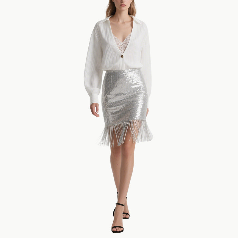 Elegant White Lace Blouse & Silver Sequin Skirt Set