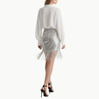 Elegant White Lace Blouse & Silver Sequin Skirt Set