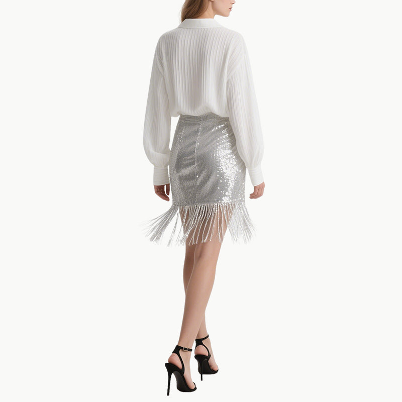 Elegant White Lace Blouse & Silver Sequin Skirt Set