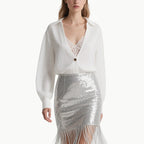 Elegant White Lace Blouse & Silver Sequin Skirt Set