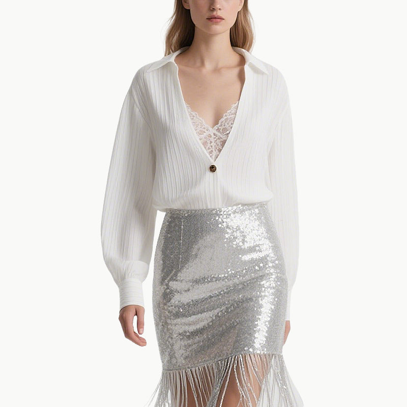 Elegant White Lace Blouse & Silver Sequin Skirt Set