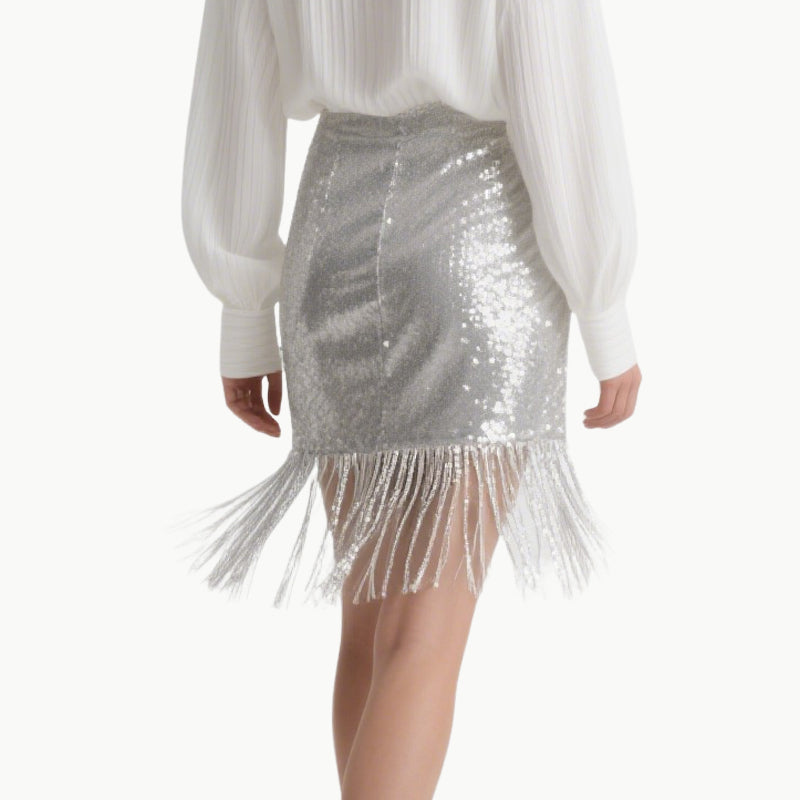 Elegant White Lace Blouse & Silver Sequin Skirt Set