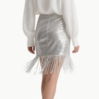 Elegant White Lace Blouse & Silver Sequin Skirt Set