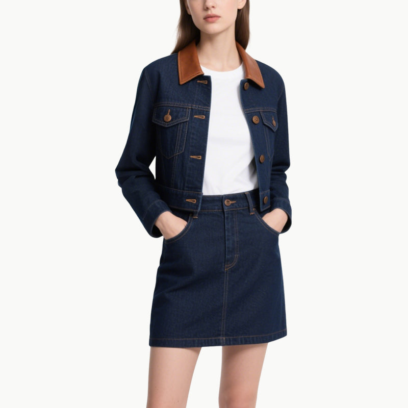 Women's Vintage Denim Two-Piece Set Cropped Jacket & A-Line Skirt