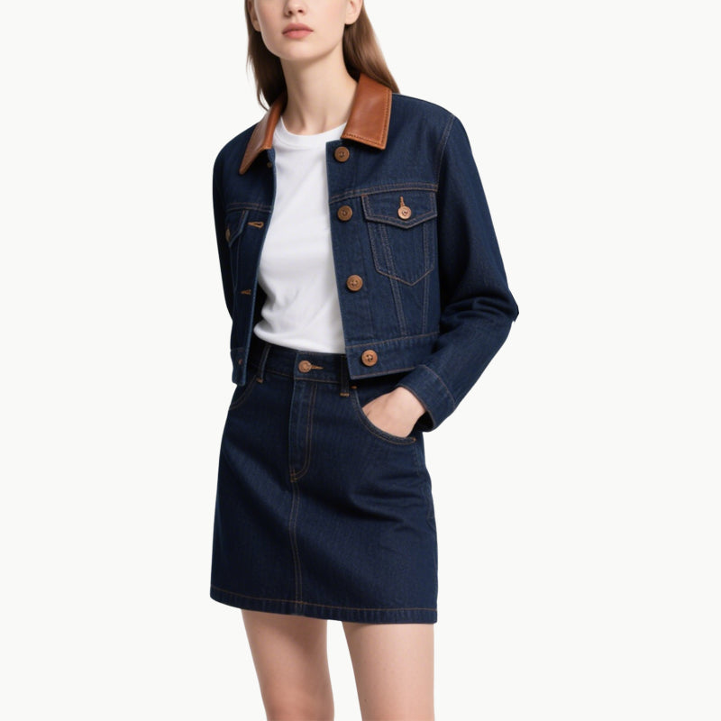 Women's Vintage Denim Two-Piece Set Cropped Jacket & A-Line Skirt