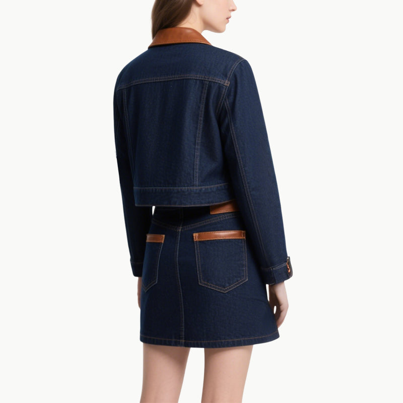 Women's Vintage Denim Two-Piece Set Cropped Jacket & A-Line Skirt