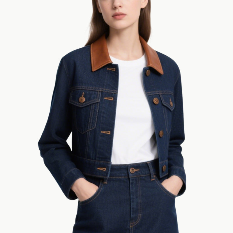 Women's Vintage Denim Two-Piece Set Cropped Jacket & A-Line Skirt