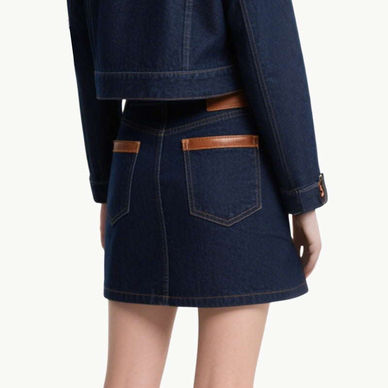 Women's Vintage Denim Two-Piece Set Cropped Jacket & A-Line Skirt