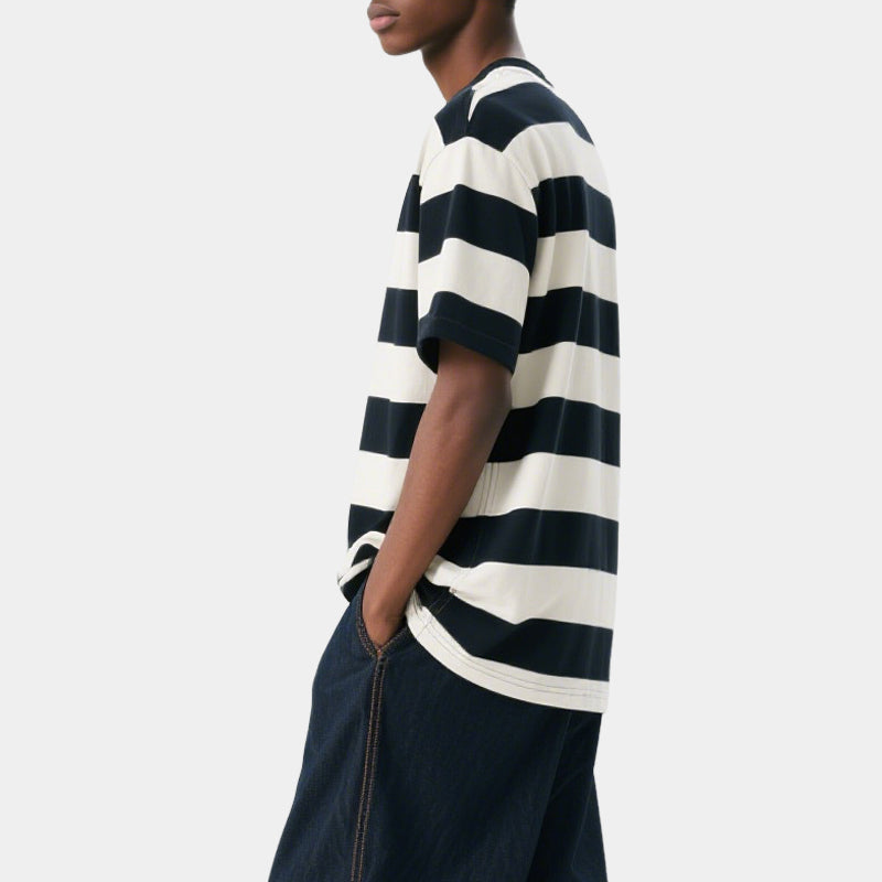 Striped Men's Casual Loose T-shirt Summer Round Neck Breathable Sports Short-sleeved Top