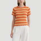 Orange and Yellow Striped Crochet Short-Sleeved Crew Neck Top