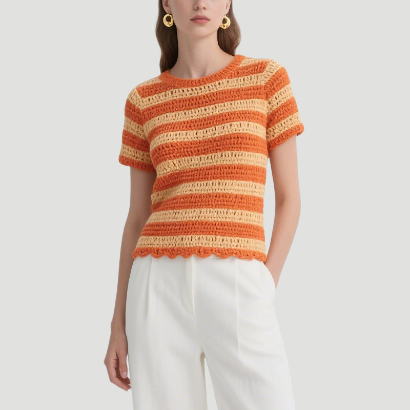 Orange and Yellow Striped Crochet Short-Sleeved Crew Neck Top