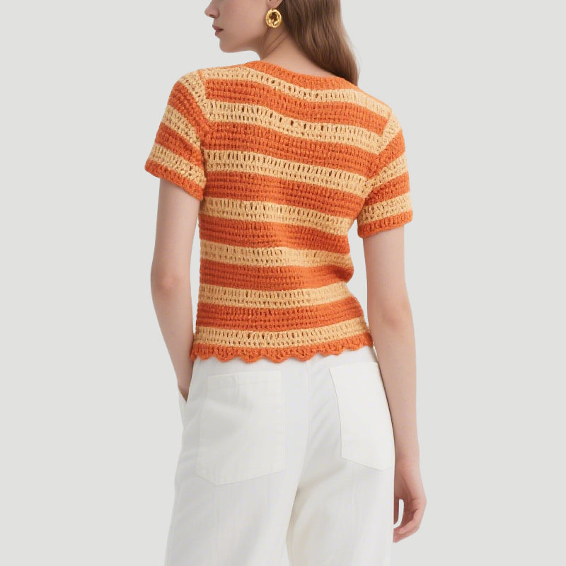 Orange and Yellow Striped Crochet Short-Sleeved Crew Neck Top