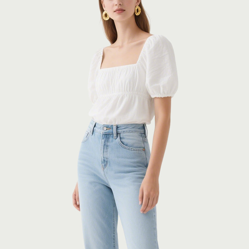 Sweet White Puff Sleeve Short-Sleeved Top