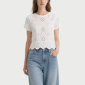 White Hollow Embroidered Short-Sleeved Crew Neck Top