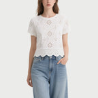 White Hollow Embroidered Short-Sleeved Crew Neck Top