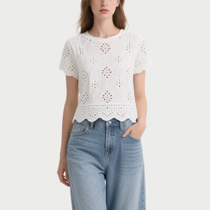 White Hollow Embroidered Short-Sleeved Crew Neck Top