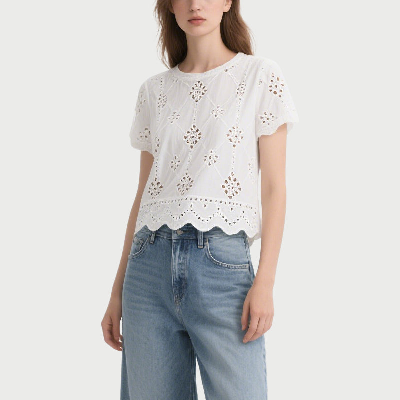 White Hollow Embroidered Short-Sleeved Crew Neck Top