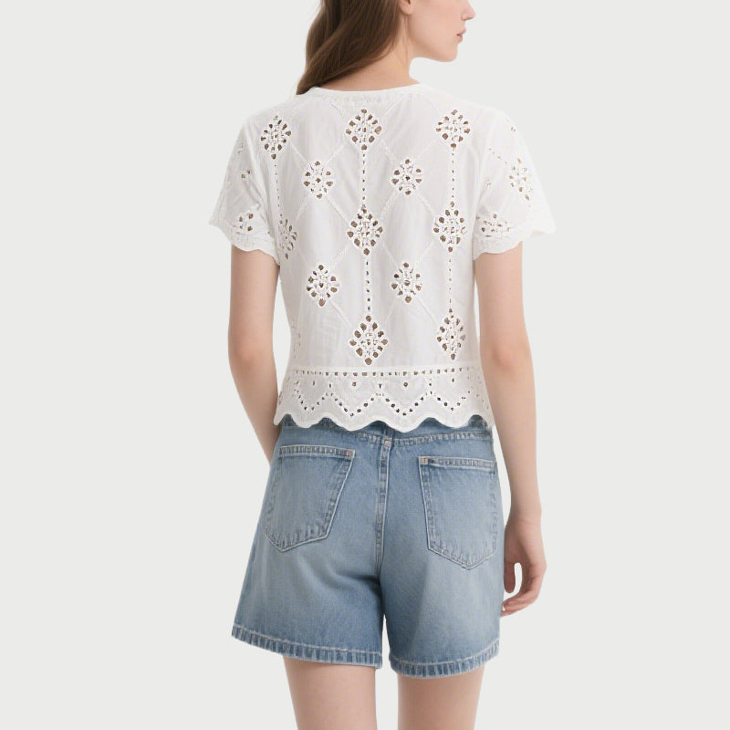 White Hollow Embroidered Short-Sleeved Crew Neck Top