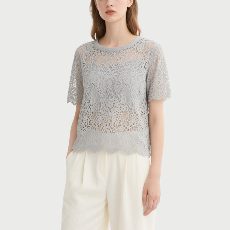 Gray Lace Short-Sleeved Crew Neck Top