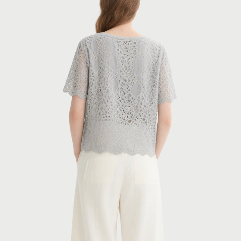 Gray Lace Short-Sleeved Crew Neck Top