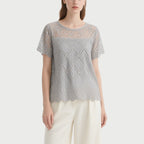 Gray Lace Short-Sleeved Crew Neck Top