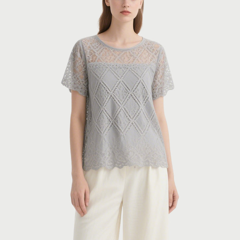 Gray Lace Short-Sleeved Crew Neck Top