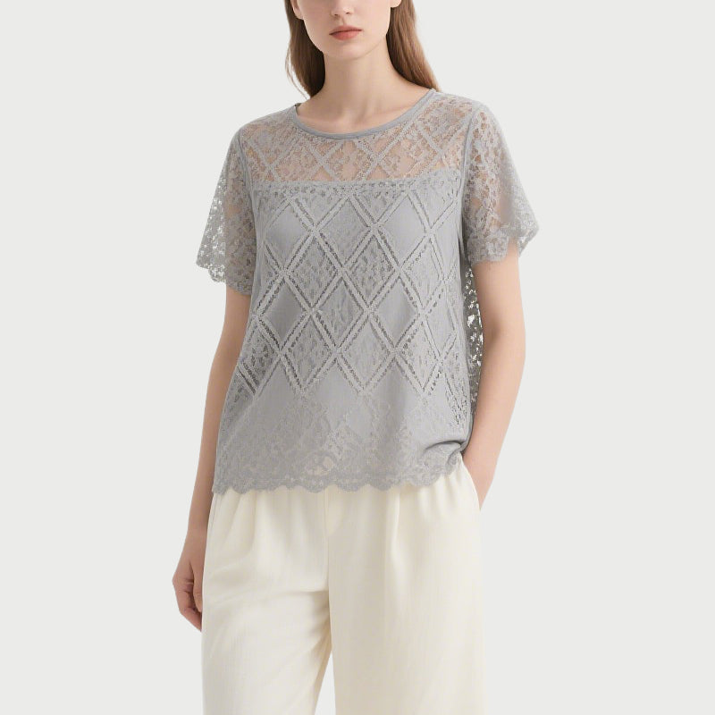 Gray Lace Short-Sleeved Crew Neck Top