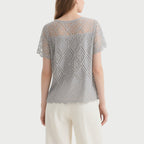 Gray Lace Short-Sleeved Crew Neck Top