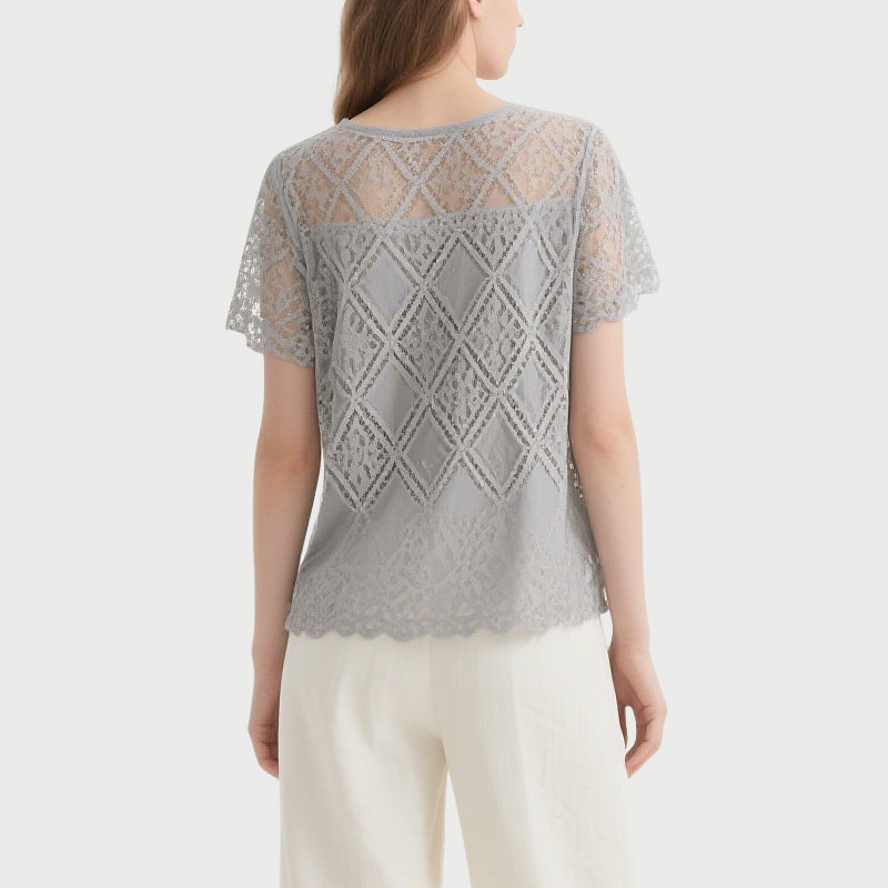 Gray Lace Short-Sleeved Crew Neck Top