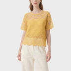 Yellow Lace Short-Sleeved Crew Neck Top