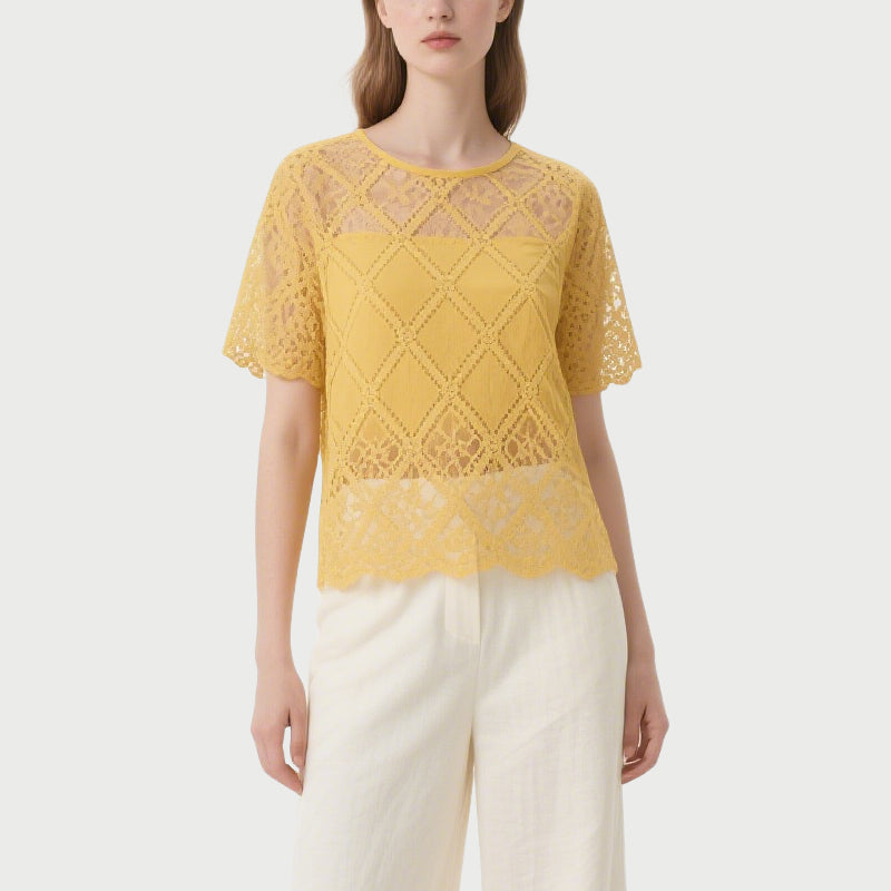 Yellow Lace Short-Sleeved Crew Neck Top