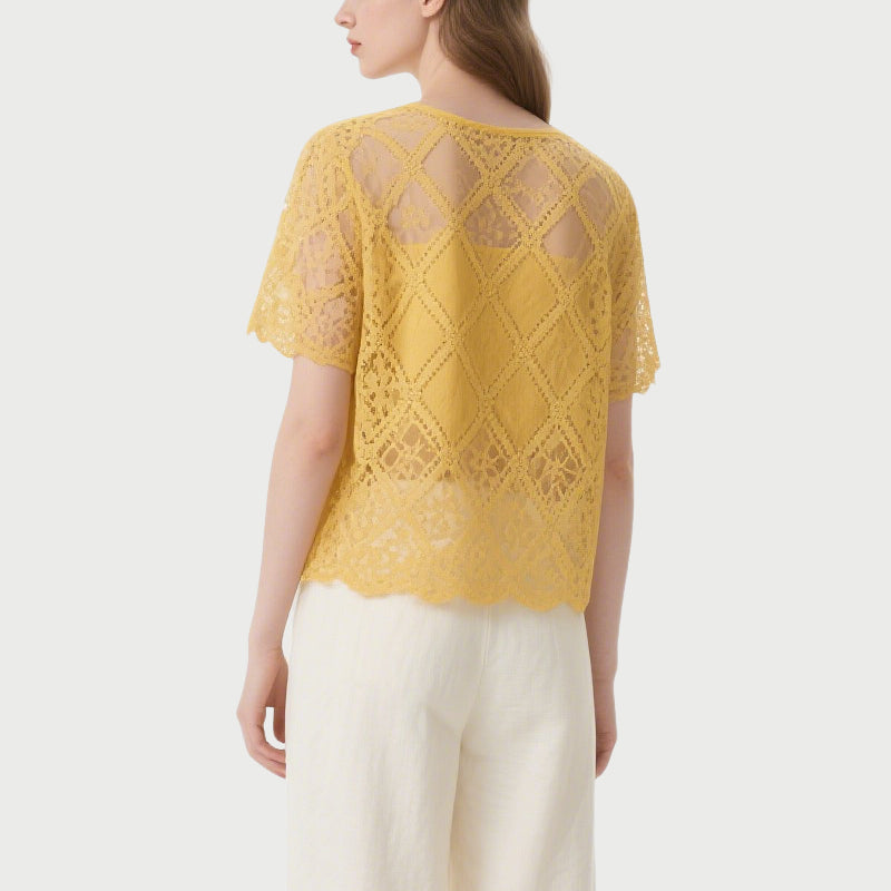 Yellow Lace Short-Sleeved Crew Neck Top