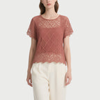 Brick Red Lace Short-Sleeved Crew Neck Top