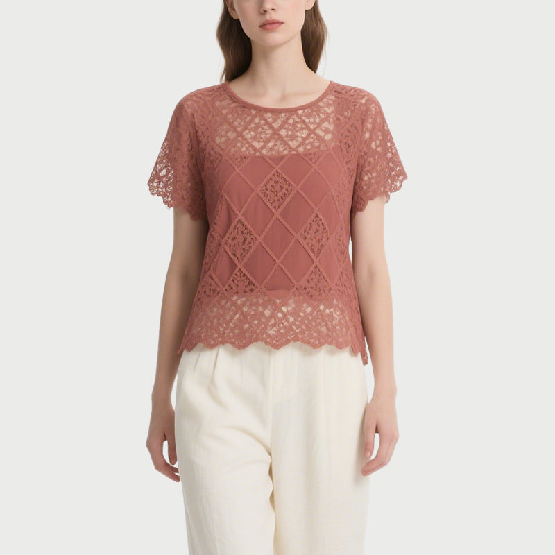 Brick Red Lace Short-Sleeved Crew Neck Top