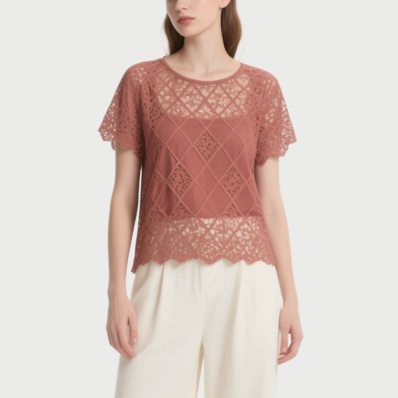 Brick Red Lace Short-Sleeved Crew Neck Top